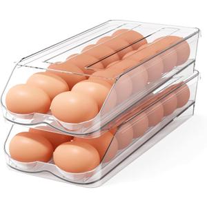 Egg Holder for Fridge,Automatic Rolling Egg Container for Refrigerator,2 Pack Clear Stackable 28-Count Egg Organizer with Lid, Fridge Organizers and Storage