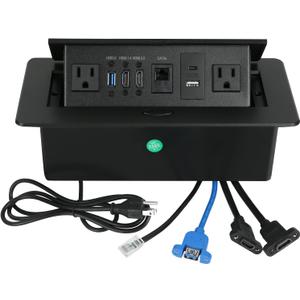 Table Pop Up Outlet, Desktop Pop Up Socket Center Countertop Socket Multimedia Strip Socket Connection Box Countertop with USB 3.0/2AC/2HDMI/USB-A/USB-C/LAN for Conference Desk Office (Black-3)