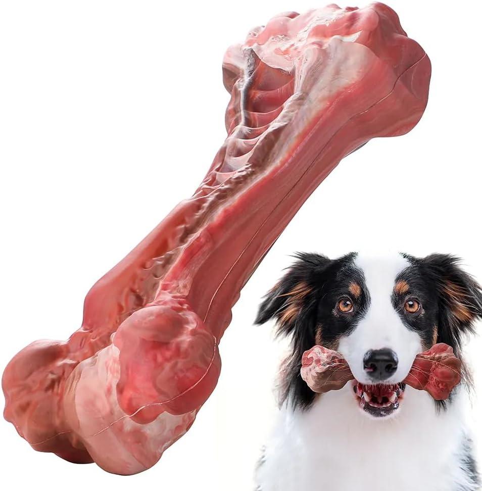 Indestructible Realistic Tough Dog Chew Toy  Natural Rubber Beef Flavor  Bone for Aggressive Chewers Long-Lasting, Teeth Cleaning, Safe & Non-Toxic (Large)