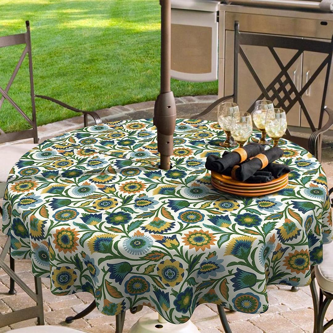 Outdoor/Indoor Round Tablecloth with Umbrella Hole Zipper, Decorative Circular Table Cover for Home Garden, 60 Inch, Fiesta Floral