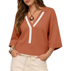 Saodimallsu Womens Short Sleeve Sweater Tops V Neck Collared Oversized Color Block Casual Summer Knit Polo Shirts XL