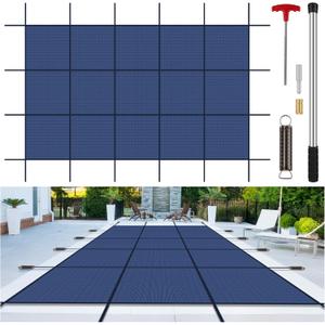 Inground Pool Cover Safety Fits Rectangle Swimming Pool, Mesh Solid Pool Cover for Inground Pools,Winter Pool Safety Cover Includes Safety Net and Installation Tools Blue (Blue, Fits 18x36ft Pools)