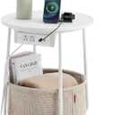 VASAGLE Side Table with Charging Station, Round End Table with Fabric Basket, Nightstand with Power Outlets, USB Ports, for Living Room, Bedroom, Modern, Matte White and Camel Brown ULET228W01