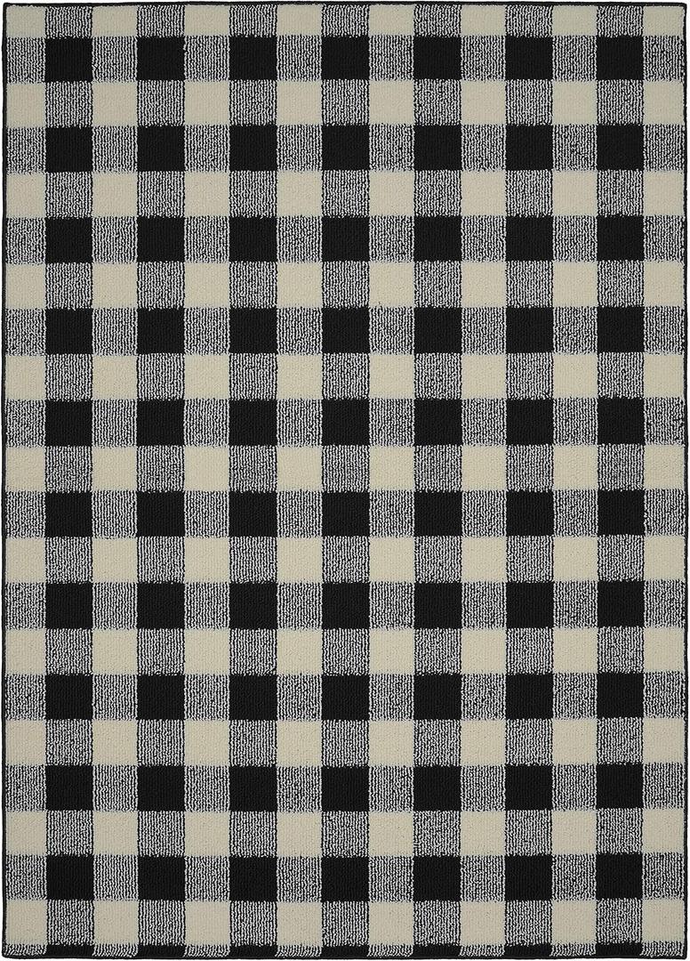Garland Rug Country Living – Checkered Buffalo Plaid Design, Non-Slip Rubberback, Traditional 5x7 Area Rug for Living Room, Bedroom, Kitchen, Dining Room, Nursery,Black/Ivory