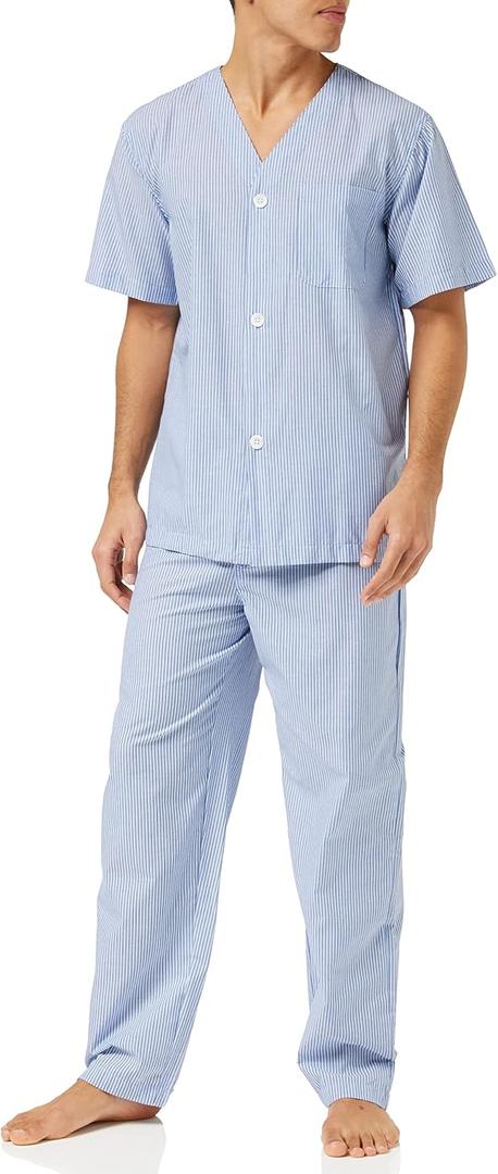 Fruit of the Loom mens Broadcloth Short Sleeve Top and Long Pants Pajama Set (L, Blue Stripe) Fruit of the Loom mens Broadcloth Short Sleeve Top and Long Pants Pajama Set (L, Blue Stripe)