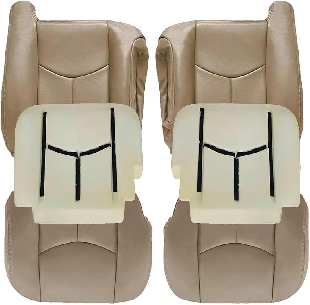 SecosAutoparts Driver & Passenger Bottom & Top Lean Back & Foam Cushion Replacement Leather Seat Covers Tan# 522 Compatible with Chevy Tahoe Suburban Silverado Avalanche Sierra 2003 2004 2005 2006