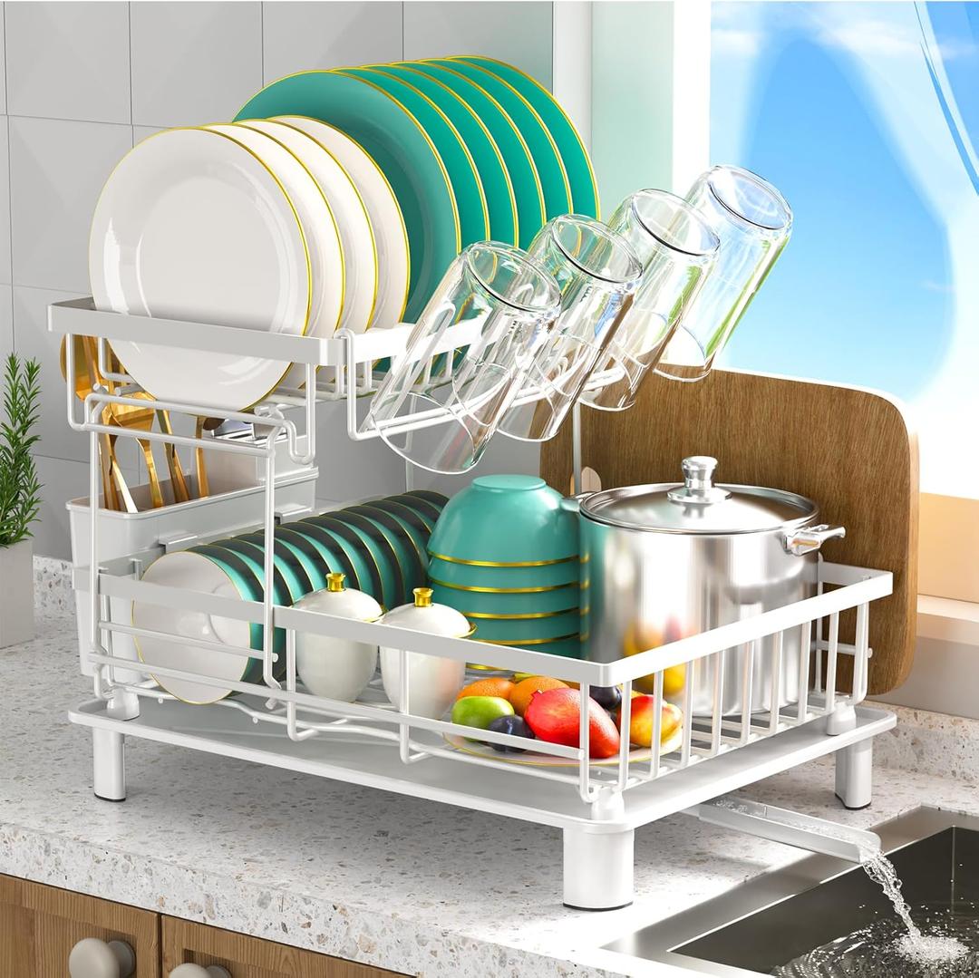 Dish Drying Rack, 2 Tier Dish Racks for Kitchen Counter, Compact Dish Drainer Rack, Detachable Dish Rack with Drainboard, Utensil Holder, Cup Holder for Small Space - White, Large