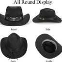 Women & Men Felt Western Cowboy Hat Classic Roll Up Brim Belt Buckle Cowgirl Fedora (M) (Black)