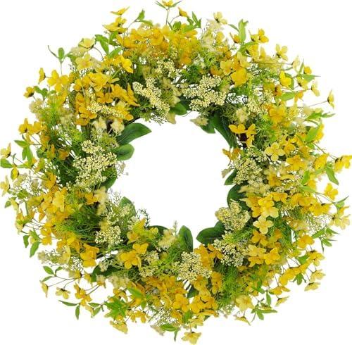 BINFEN 24”-26” Yellow Faux Silk Wild Flower Spring Summer Easter Wreath for Front Door – Artificial Green Eucalyptus Leaves Farmhouse Front Porch Wall Wreath – All Season Outdoor and Indoor Use