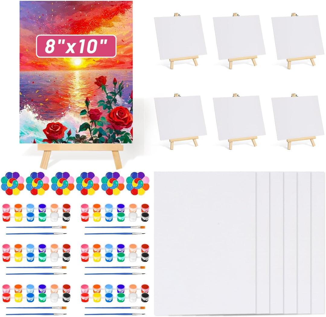 42 Pcs 8x10 Inch Canvas and Easel Set, Art Canvas Boards with Easel Stand Bulk, Mini Acrylic Paint & Brushes Set, Sip and Paint Kit for Adults Couples Date Night Painting Party Activities