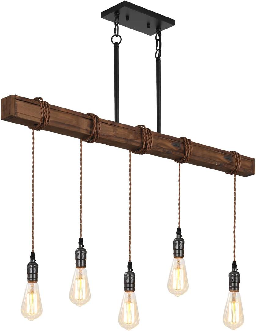 5 Light Farmhouse Kitchen Island Lighting,Rustic Chandelier for Dining Room Light,Industrial Wood Beam Light for Dining Table Kitchen Island Bar,Height Adjustable.