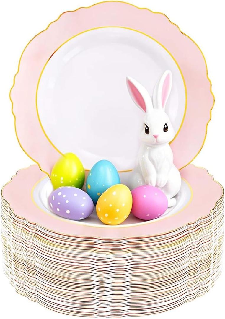 WDF 60pcs Pink Plastic Plates - 10.25inch Baroque Pink And Gold Disposable Dinner Plates for Upscale Parties -Special for Easter/Baby Shower/Birthday/Spring