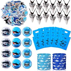Jerify 110 Pcs Shark Party Favors Keychains Tooth Necklaces, Silicone Bracelet Wristbands Button Pins Gift Bags and Stickers for Birthday Shark Party Supplies Ocean Sea