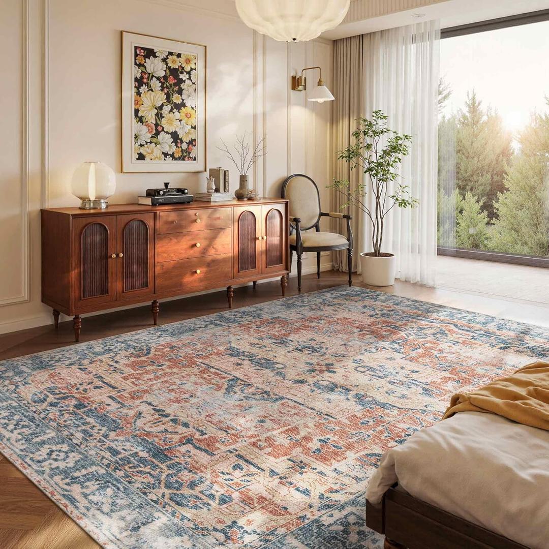 Orange 5x7 Area Rugs for Living Room Bedroom, Washable Rug, Coral Vintage Retro Boho Rug, Non Slip & Low Pile Carpet for Indoor Dining Room, Kids Room, Nursery Room(Coral Blue 5x7ft)