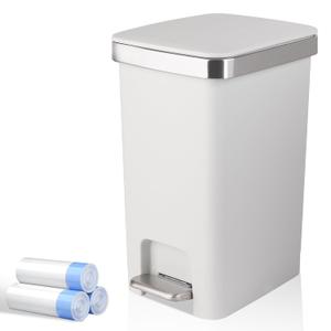 Small Bathroom Trash Can with Lid and 3 Rolls Trash Bags, Step Pedal Wastebasket Plastic Garbage Can with Pop-Up Lid 2.6 Gallon Bin for Kitchen, Bedroom, Office, Dorm, Laundry, Toilet, Rv, White