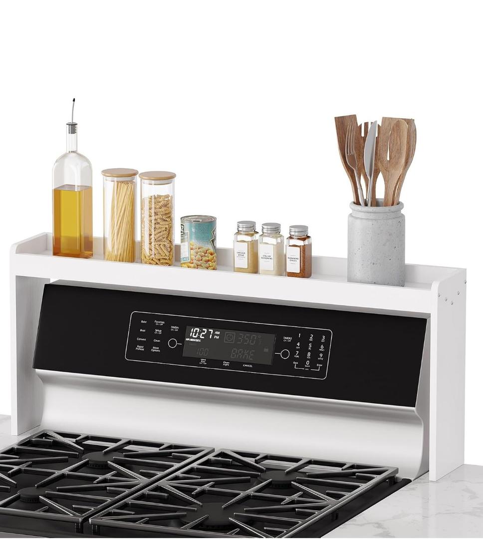 SpaceAid Bamboo Over the Stove Spice Holder Shelf, 31.5" Kitchen Organizer Stove Spice Top Rack, 11.6" Height Countertop Storage, Over Oven Back Sink Organization Shelf, White