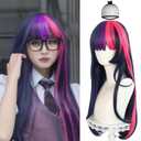 JoneTing 70cm 27inch Purple Pink Wigs+Hair Cap Women Long Straight Purple Mix Pink Wig with Bangs Women Long Wavy Purple Pink Hair with Bangs Halloween Party Christmas Outfit