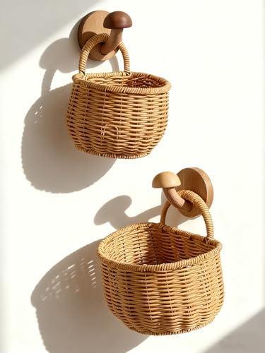 2 Pack Wall Hanging Rattan Baskets, Hand-Woven Storage Basket, Small Wall Hanging Baskets for Kitchen, Washable Decorative Basket, Potato Garlic Onion Storage Baskets
