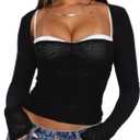 XFLnaraz Womens Mesh Long Sleeve Tops Square Neck See Through Slim Fit Cropped Backless Going Out Shirts Blouse Streetwear (Medium, Black)