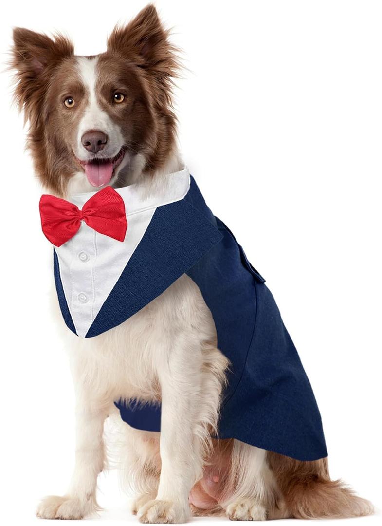 Kuoser Dog Tuxedo Dog Suit and Bandana Set, Dogs Tuxedo Wedding Party Suit, Doggy Prince Bow Tie Shirt Formal Pet Wedding Attire for Dogs Golden Retriever Samo Bulldogs 2XL
