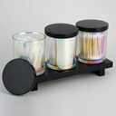 3 Pack Qtip Holder,Apothecary Jars for Cotton Balls,Swabs,Floss Picks,Hair Ties,Glass Bathroom Organizers and Storage Container with Lids Tray Set,Bathroom Vanity Accessories Decor (Black)