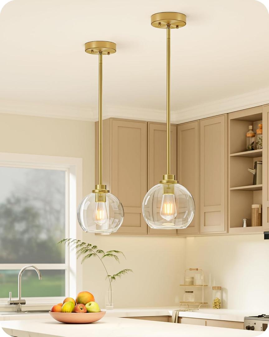 EDISHINE Pendant Light Fixtures 2 Pack with Clear Glass Globe Shade, Gold Kitchen Hanging Lighting Over Island, Hardwired Adjustable Metal Rod for Dining Room, Entryway