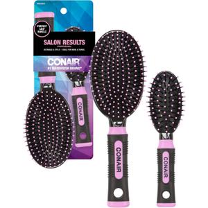 Conair Salon Results Cushion Hairbrush Set - Men & Women - Hairbrushes For All Hair Types - Detangling - Features Travel Size, Full-Size - Pink/Black
