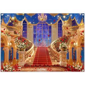 7x5ft Fabric Love Day Wedding Hall Backdrop Glitter Golden Staircase Floral Rose Curtain Photography Background Romantic Party Decorations Photo Booth Banner