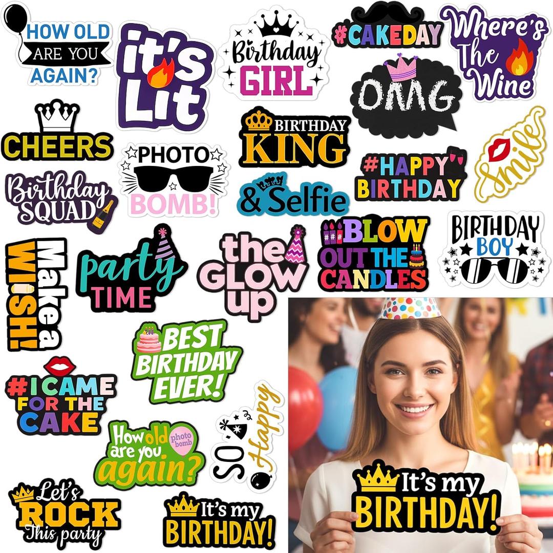 24 Pcs Birthday Photo Booth Props Single Sided 11.8" Photo Booth Props Birthday Parties Decorations Set DIY Water Proof Selfie Signs PVC Printing for Party Businesses