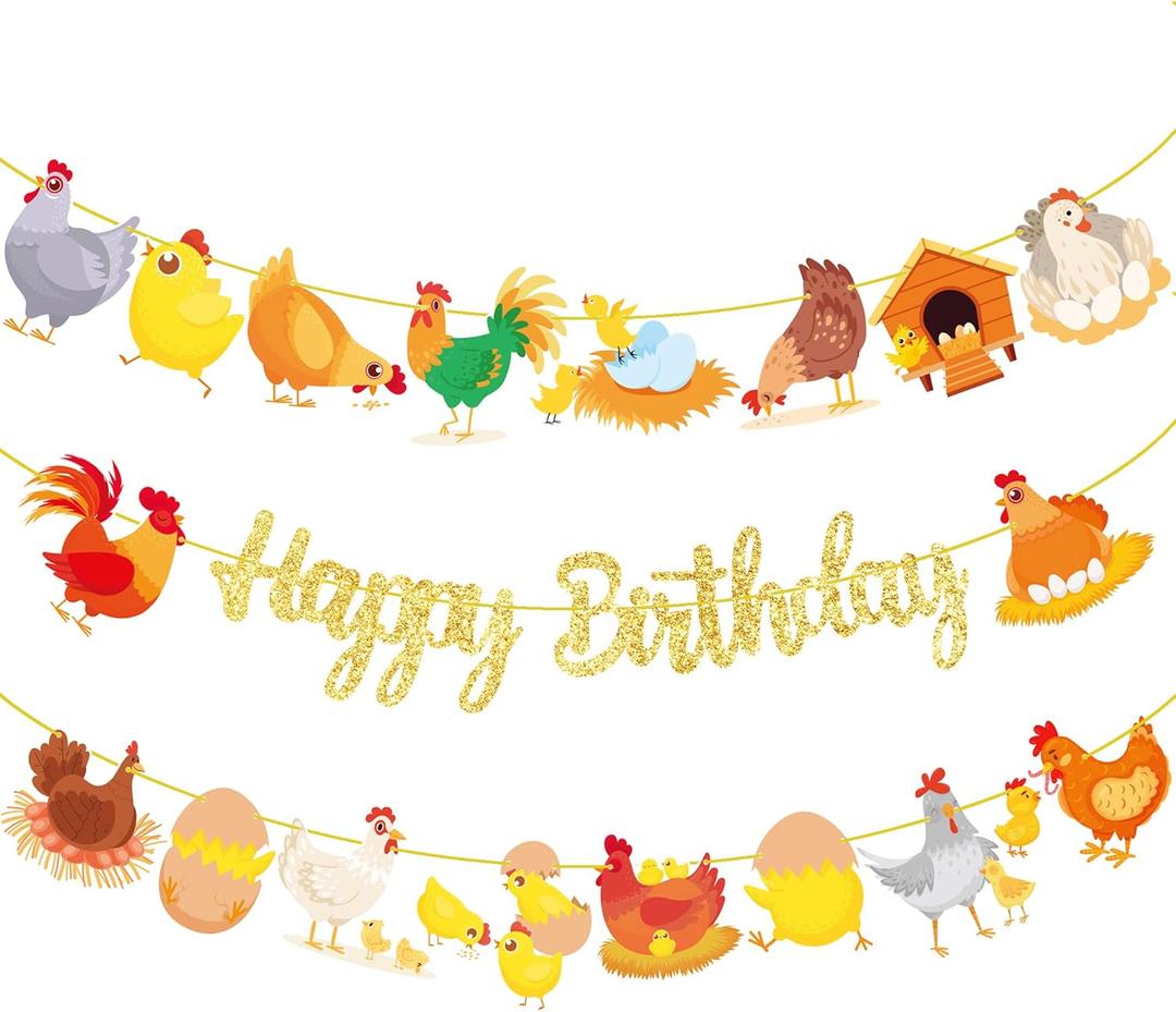 Chicken Birthday Banners 3PCS Party Decorations Glitter Gold Chicken Farm Birthday Party Supplies for Chick Backyard Theme Baby Shower Decorations