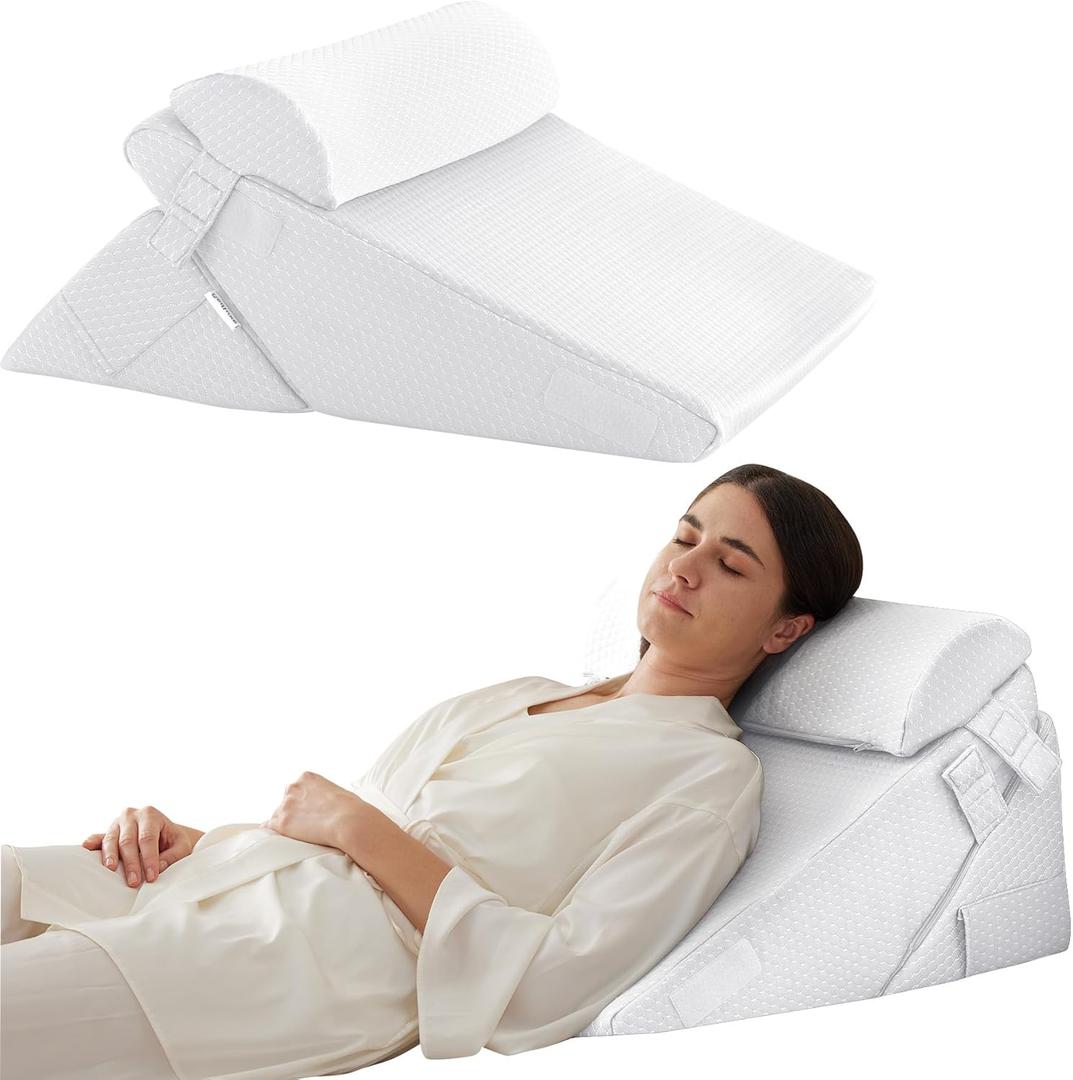 Bedluxe 3Pcs Orthopedic Bed Wedge Pillow Set, Foam Wedge Pillow Post Surgery for Back, Leg and Knee Support, Adjustable 9&12 Inch Folding Triangle Pillow for Sleeping, Acid Reflux, Snoring, White