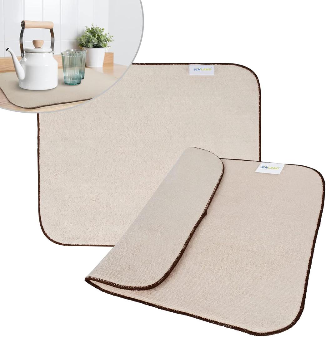 SINLAND Microfiber Dish Drying Mat Super Absorbent Dish Drying Pad for Drainer Kitchen Counter, Large Size Mat for Countertops or Sinks 16Inch X 18Inch Beige 2 Pack