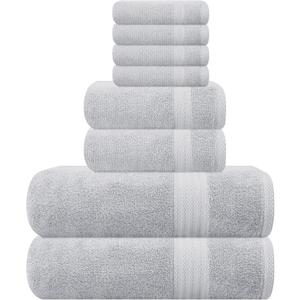 GLAMBURG Ultra Soft 8 Piece Towel Set - 100% Pure Ring Spun Cotton, Contains 2 Oversized Bath Towels 27x54, 2 Hand Towels 16x28, 4 Wash Cloths 13x13 - Ideal for Everyday use, Hotel & Spa - Light Grey