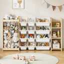 EXPERLAM 3-in-1 Toy Storage Organizer, Stuffed Animal Holder & 3-Tier Bookcase, Solid Wood Toy Organizer with 12 Storage Bins, Space-Saving Toy & Book Shelf for Kids Rooms, Bedroom, Playroom, White, Large