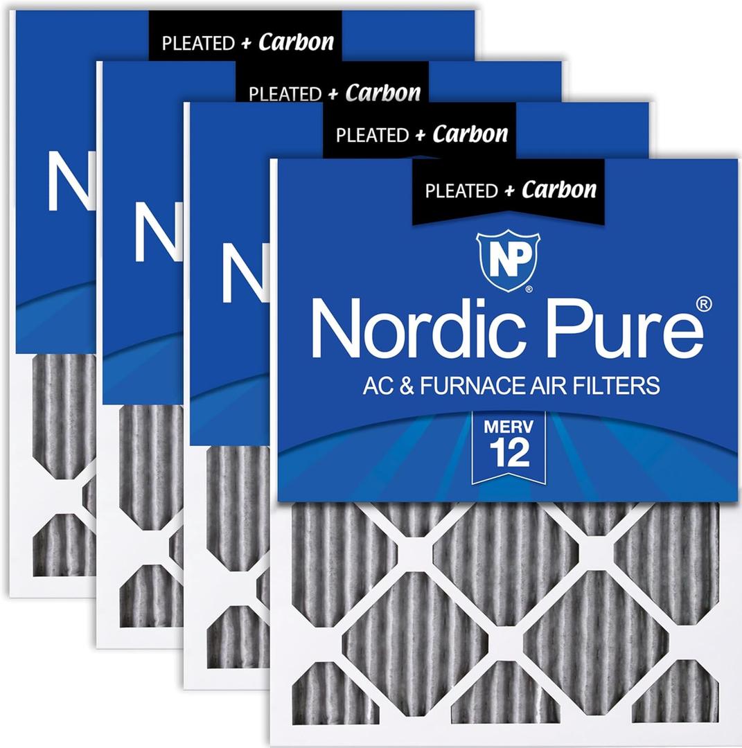 Nordic Pure 12x20x1 Pleated MERV 12 Plus Carbon Air Filters 4 Pack | Actual Size: 11 1/2 x 19 1/2 x 3/4 Made in USA, Advanced HVAC Furnace Filtration, Pet & Household Odor Control