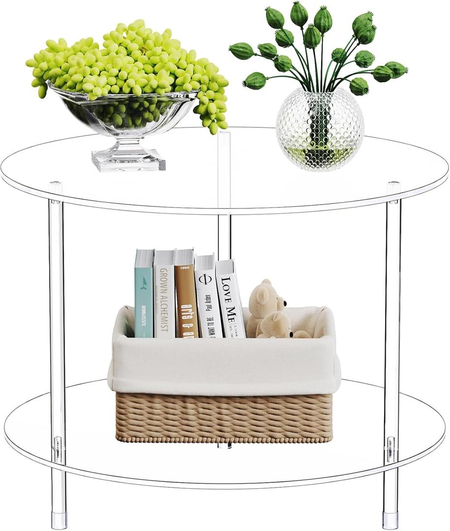 Clear Round Acrylic Coffee Table with Storage, 23.6" L x 23.6" W x 18.4" H, 2 Tier Modern Lucite Center Side End Tables for Living Room, Thicken Sturdy Transparent Circle Accent Tea Table