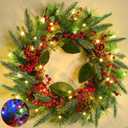 20 Inch Pre-Lit Christmas Wreath, Lighted Christmas Wreaths for Front Door Timer 8 Modes 30 Warm White&Colored Changing Lights 4 Pine Cones 12 Red Berried Xmas Wreath for Home Door Wall Indoor Outdoor