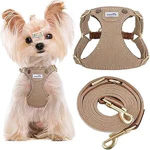 No Pull xs Dog Harness with Multifunction Dog Leash,Soft Adjustable No Choke Escape Proof Pet Harness Vest,Denim Mocha Brown,XS