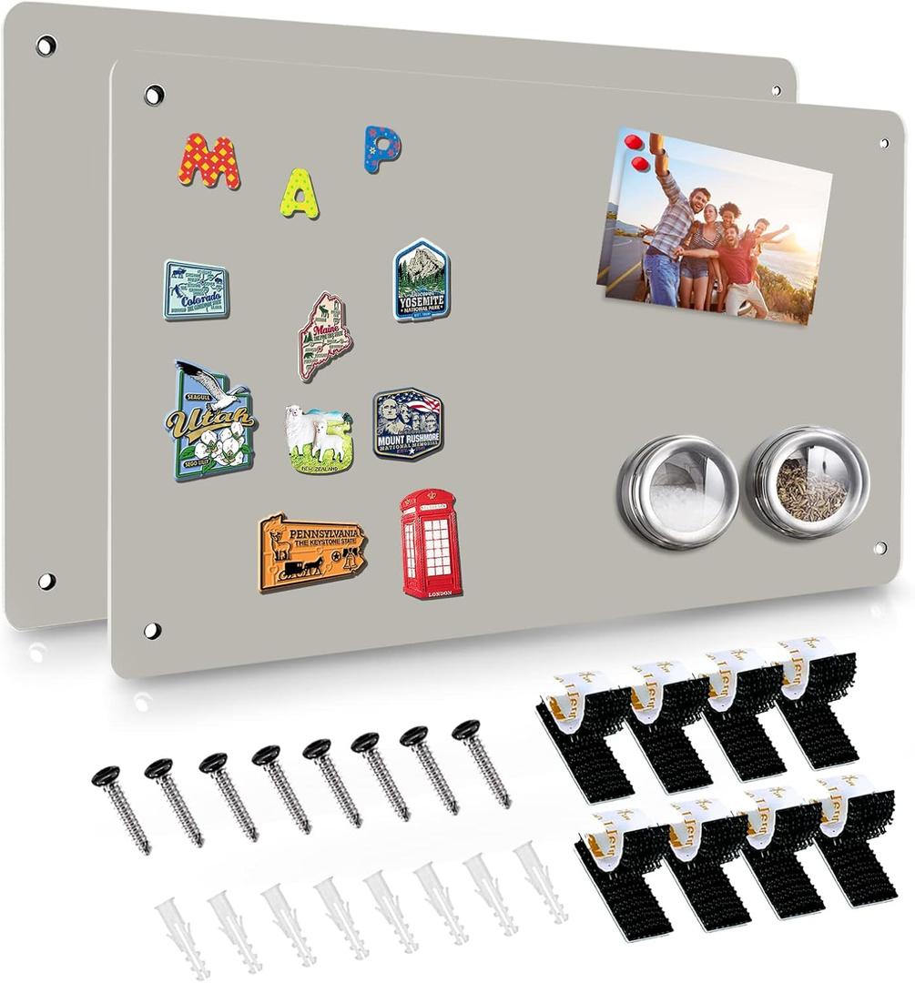 2Pack Magnetic Board,17.5" x 11.4" Magnet Bulletin Board to Display Magnetic Notes, Poetry, Photos, Suitable for Wall, Refrigerator, Cabinet etc, Come with 8 Pcs Dual Lock Tape and Screws (Gray)