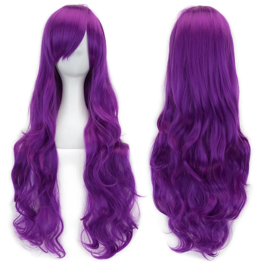 IMISSU 80cm Long Curly Natural Hair Cosplay Wig with Bangs Colorful Halloween Costume Party Wigs for Women (Violet) (Violet)