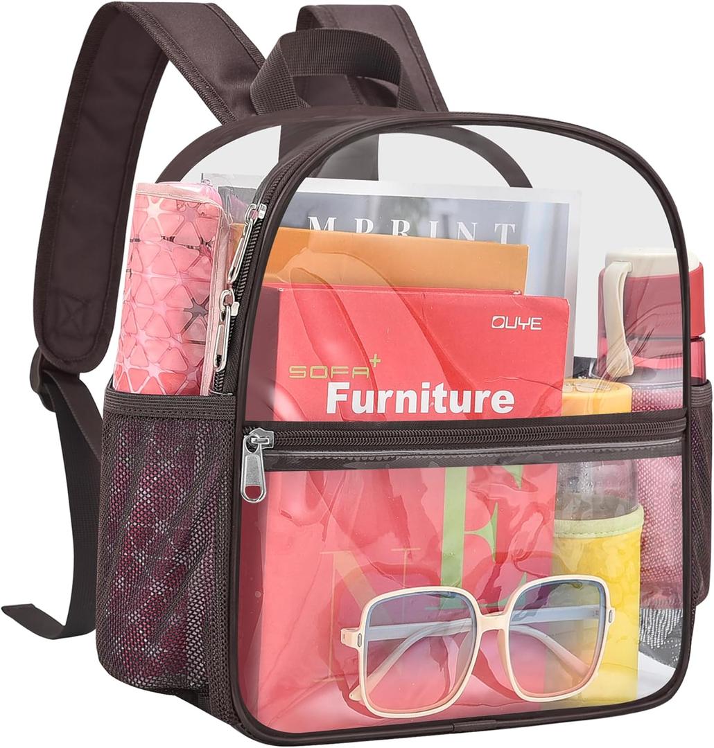 Busiuw Clear Backpack for Stadium Events 12x12x6 Mini Small Sports Fan Backpacks with Front Pocket for Concert Sport Events Work Travel(Chocolate)