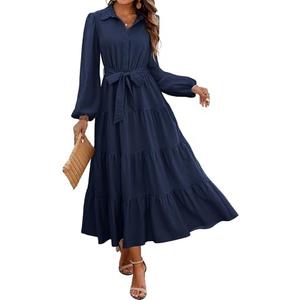 dowerme Women's Long Sleeve Dress 2025 Button Down Belted A-Line Flowy Fall Outfits Ruffle Maxi Holiday Party Dresses Medium
