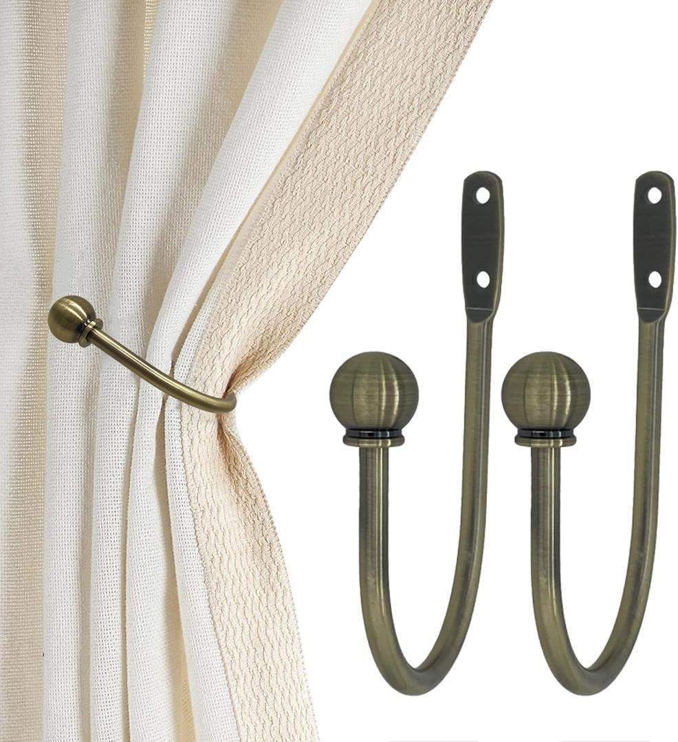 Curtain Holdbacks, Hooks, 2 PCSSolid Steel Hooks, Decorative French Ball End, Curtain Drapery Holdbacks, Wall Mounted, Curtain Tiebacks, Antique Brass Brushed