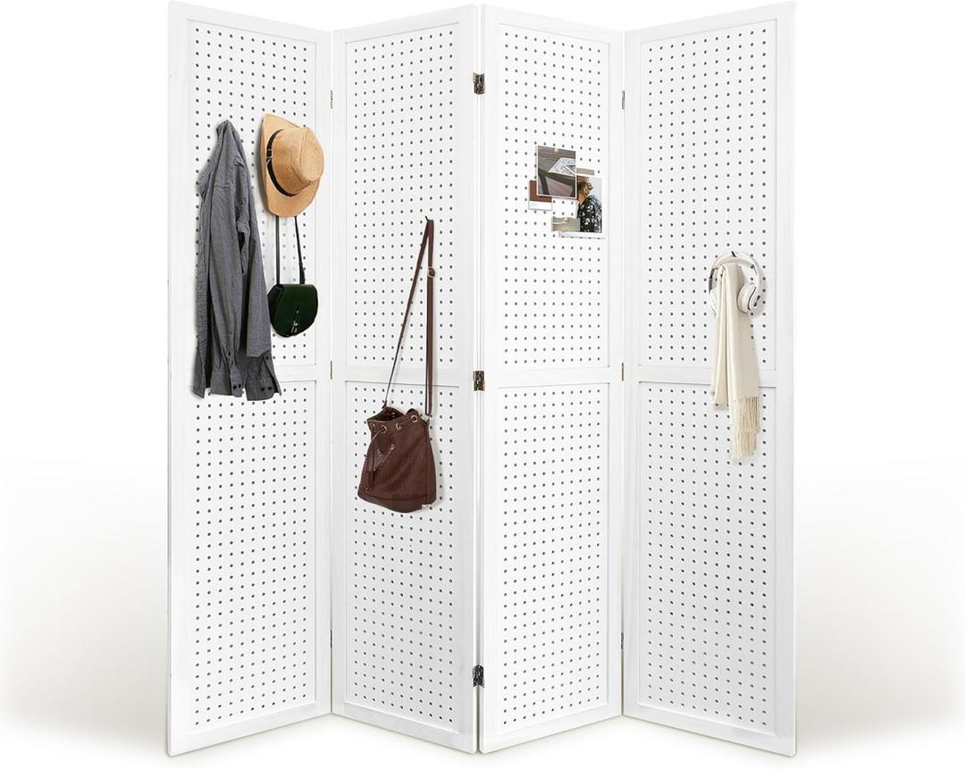 Room Divider, 5.6FT Folding Room Divider Panel, 4 Panel Pegboard Display Wood Partition Wall Divider for Room Separation& Craft Shows, White Room Divider, 5.6FT Folding Room Divider Panel, 4 Panel Pegboard Display Wood Partition Wall Divider for Room Separation& Craft Shows, White