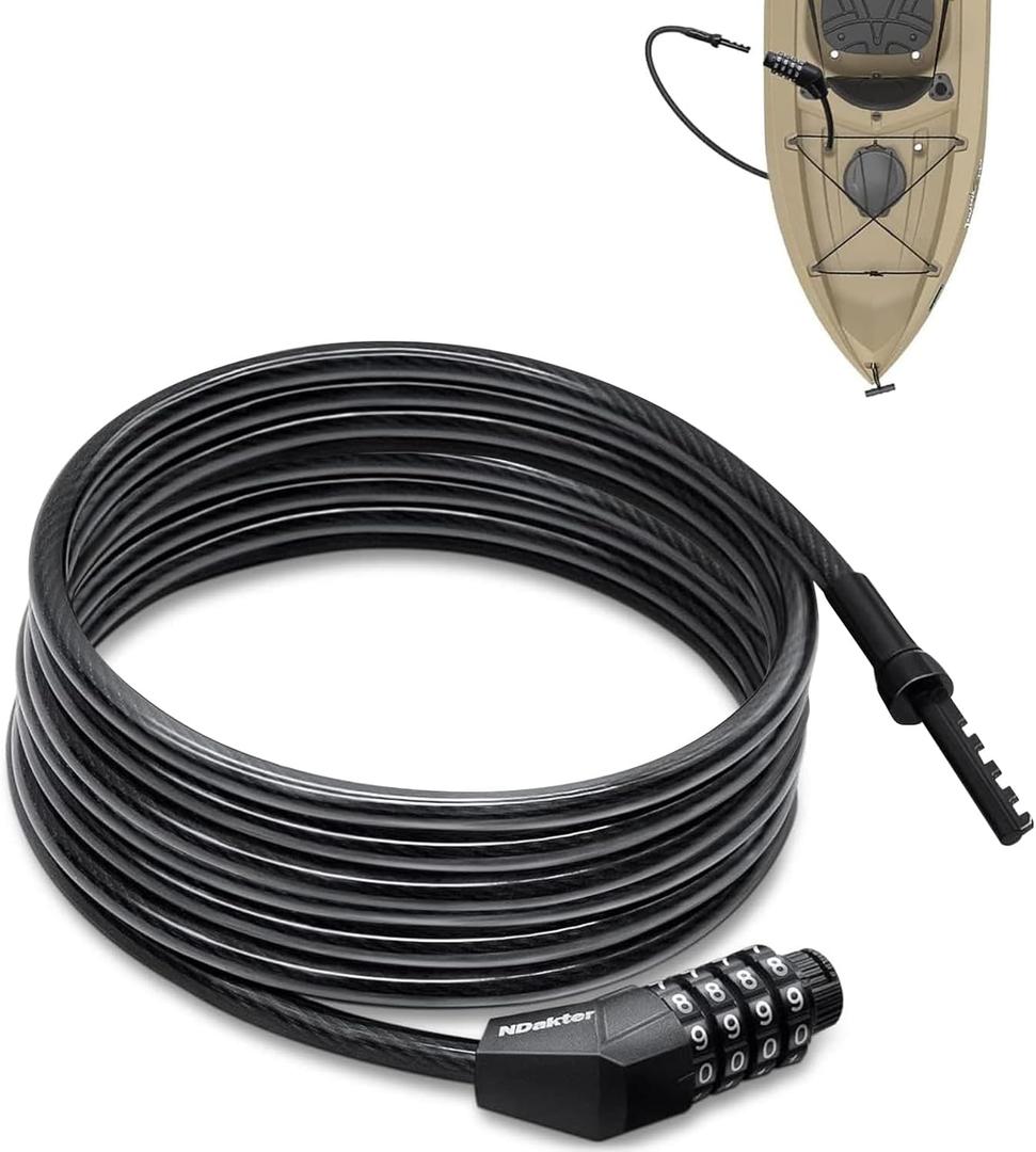 NDakte Bike Lock, Extra Long Straight Cable Lock(6ft to 27ft) with Resettable Combination, Unique Male Narrow Designed to Especially Suitable for Kayak, Scooter and Paddle Boards Canoe Jet Ski (12 Feet)