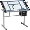 Yaheetech Drawing Desk Adjustable Glass Drafting Study Table for Diamond/Versatile Art Craft Station w/ 2 Slide Rolling Wheels and Drawers for Artist Painters Home Office