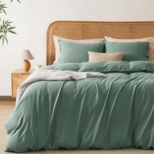 PHF Linen Duvet Cover Queen Size, 85% Rayon Derived from Bamboo & 15% Natural Linen, Airy Breathable Duvet Set for Hot Sleepers, 3PCS Luxurious Comforter Cover Bedding Collection, 90"x90",Forest Green