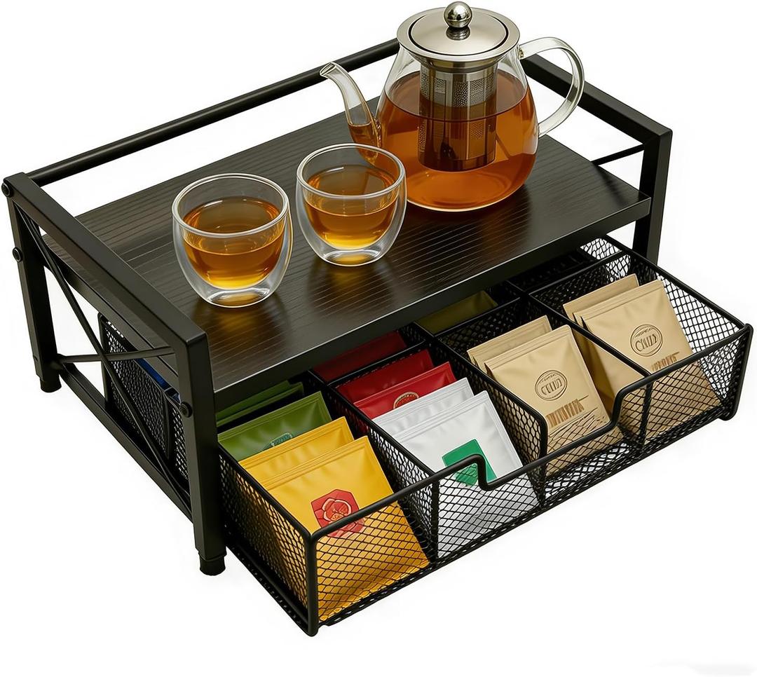 Tea Bag Organizer With Adjustable Drawer, Teabag Bar Holder Organizer For Counter, Wood Metal Station Storage Chest Display, Coffee Packet Containers Box For Countertop Kitchen Office Black