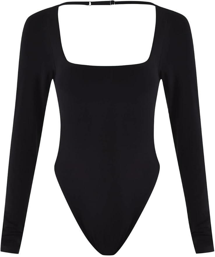 Women's Backless Thong Long Sleeve Square Neck Bodysuit, S