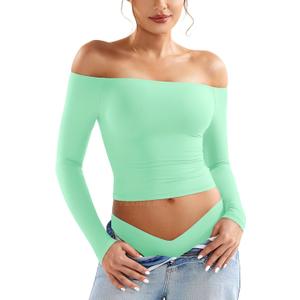 YEOREO Sophie Women Off Shoulder Long Sleeve Shirts Double Lined Basic Undershirt Y2K Going Out Tops (Medium, Avocado Green)